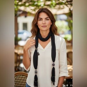 Black Boho Scarf Necklace Black Silver Pendant Beads Fashion Western Country EUC